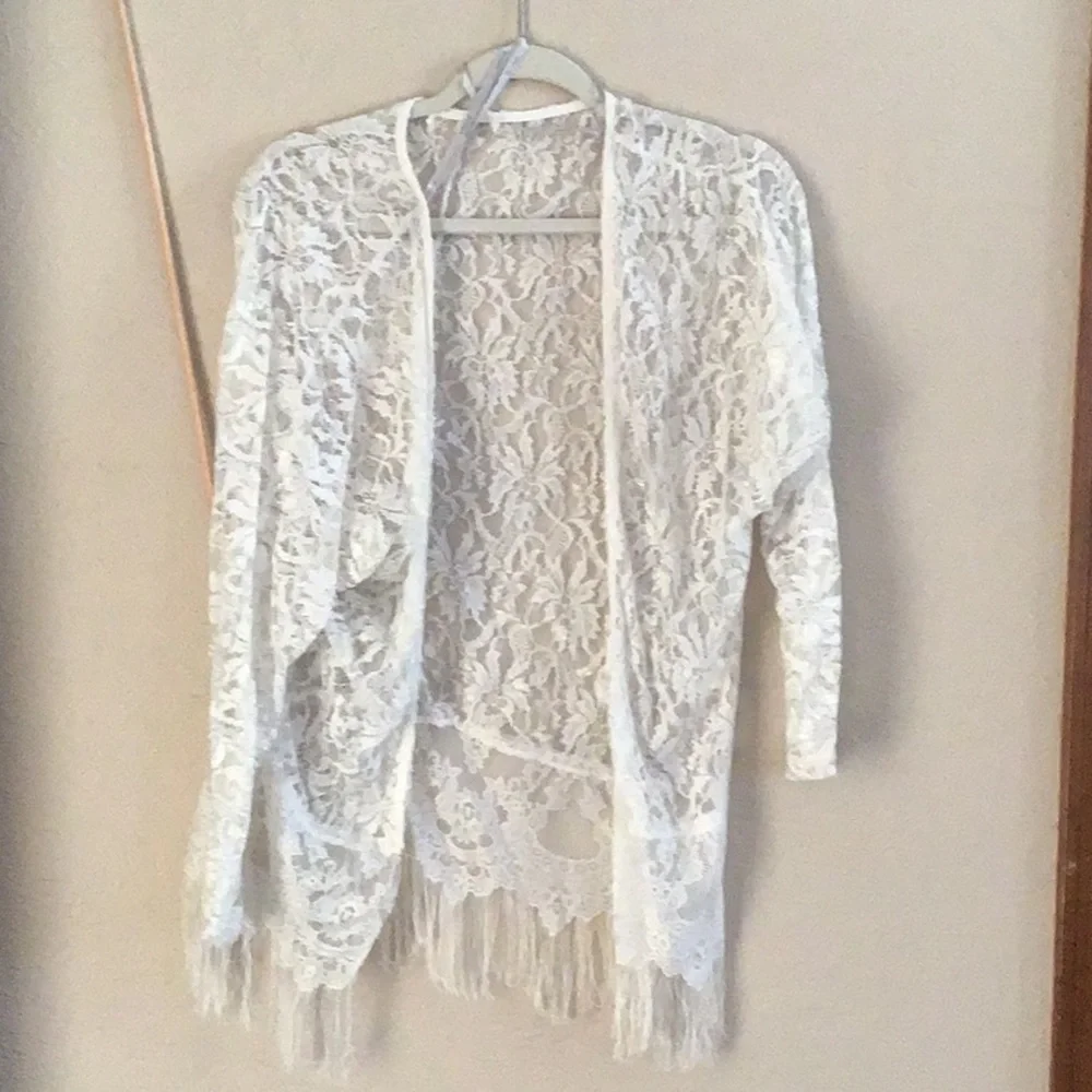 SHEER OPEN LACE WHITE ROBE with fringe detailed hem Never worn, no snags. XS/S - Picture 1 of 4